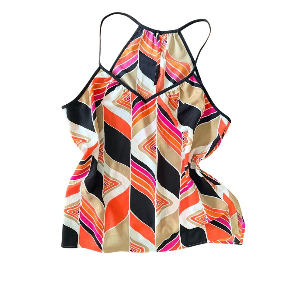Trina Turk Halter Tank Top Womens L Geometric Print Orange Pink Blouse Retro